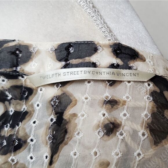 TWELFTH Street by Cynthia Vincent Silk Taupe Animal Print V-neck Lace-up Blouse - Picture 10 of 11